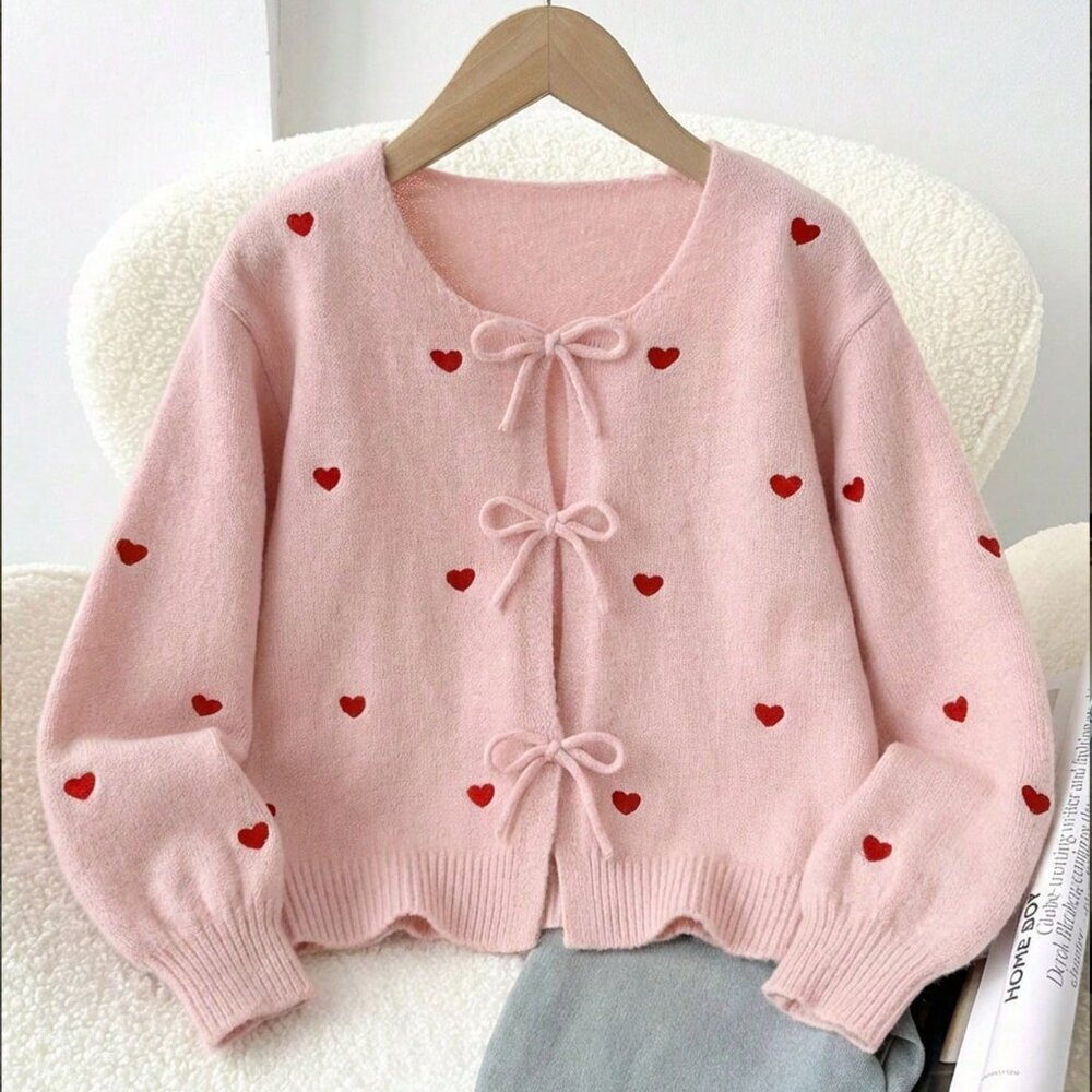 Multicolor Elegant Women's Valentine's Knitted Cardigan Heart Embroidery